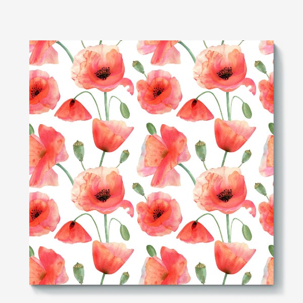 Холст «Seamless watercolor pattern pattern with poppy flower. Botanical illustration with red summer flowers, green bud»