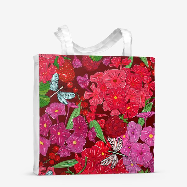 Сумка-шоппер «красные цветы, ягоды и стрекоза»
