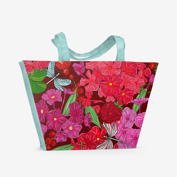 Пляжная сумка &laquo;красные цветы, ягоды и стрекоза&raquo;