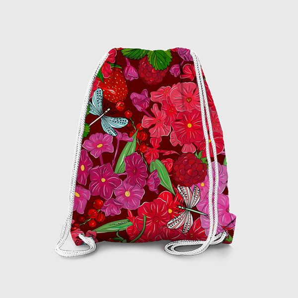 Рюкзак &laquo;красные цветы, ягоды и стрекоза&raquo;