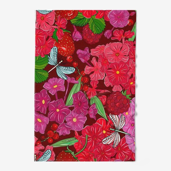 Полотенце «красные цветы, ягоды и стрекоза»
