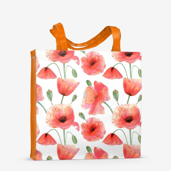 Сумка-шоппер «Seamless watercolor pattern pattern with poppy flower. Botanical illustration with red summer flowers, green bud»