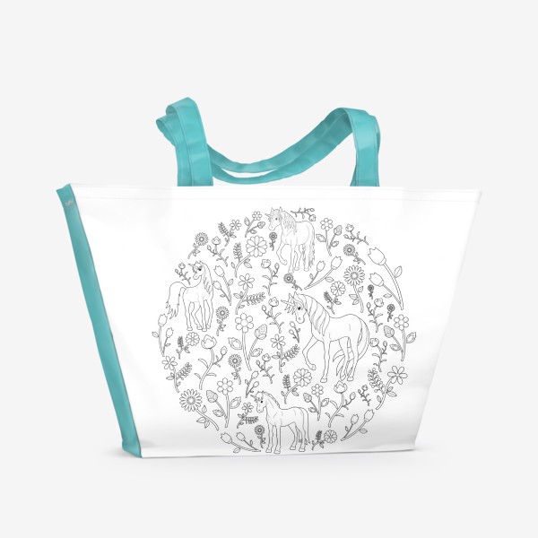 Пляжная сумка «Круговой узор с цветами и единорогами»