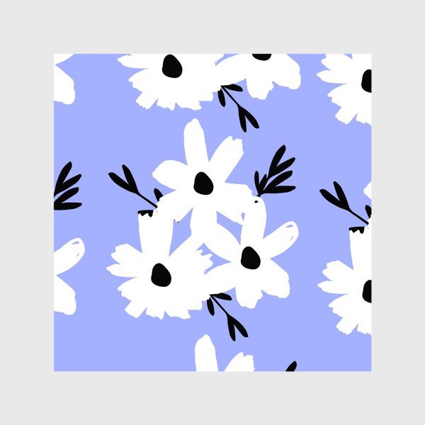 Шторы «Белый силуэт цветов с черным центром на голубом»