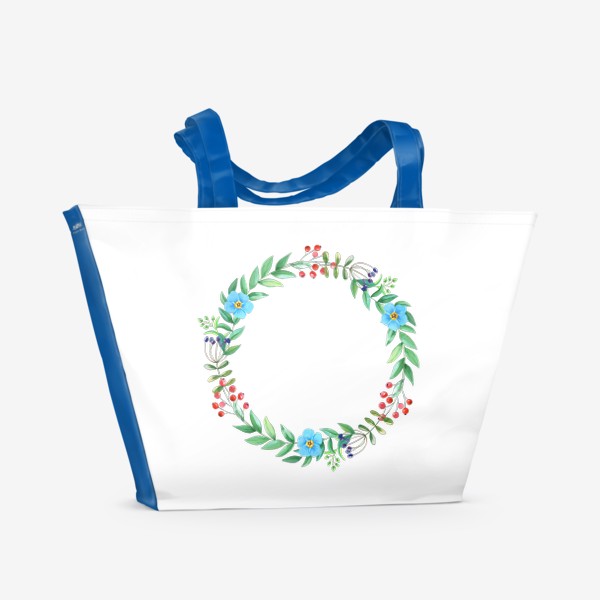 Пляжная сумка &laquo;Нежный венок с незабудками, листьями и ягодами.&raquo;
