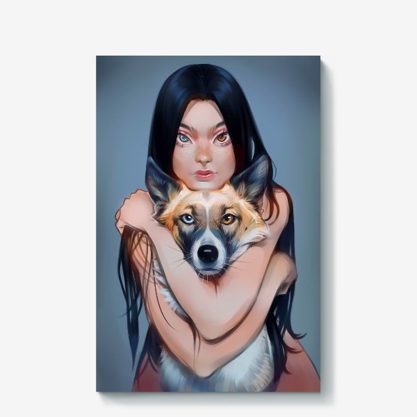 Холст «Девушка с собакой хаски / разный цвет глаз / иллюстрация /девушка с длинными волосами»