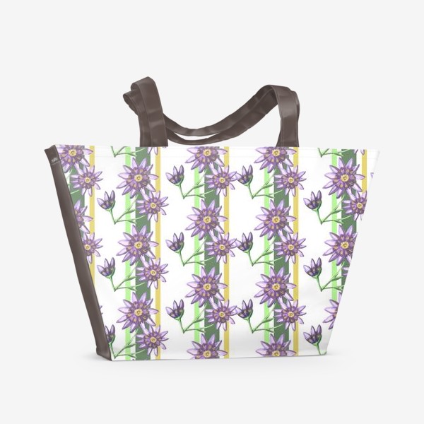 Пляжная сумка «паттерн растительный орнамент с цветами и полосками акварель»