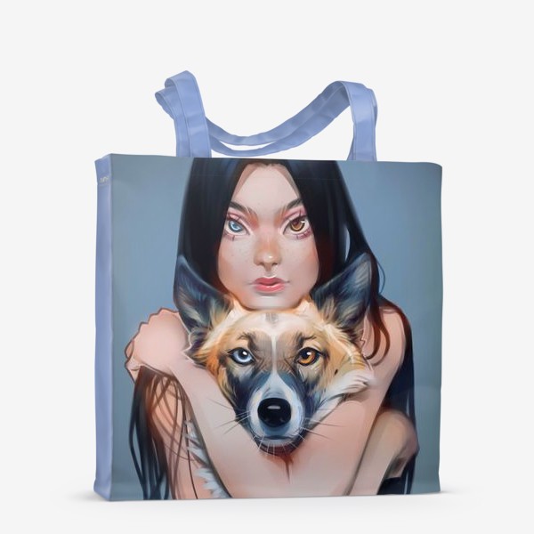 Сумка-шоппер «Девушка с собакой хаски / разный цвет глаз / иллюстрация /девушка с длинными волосами»