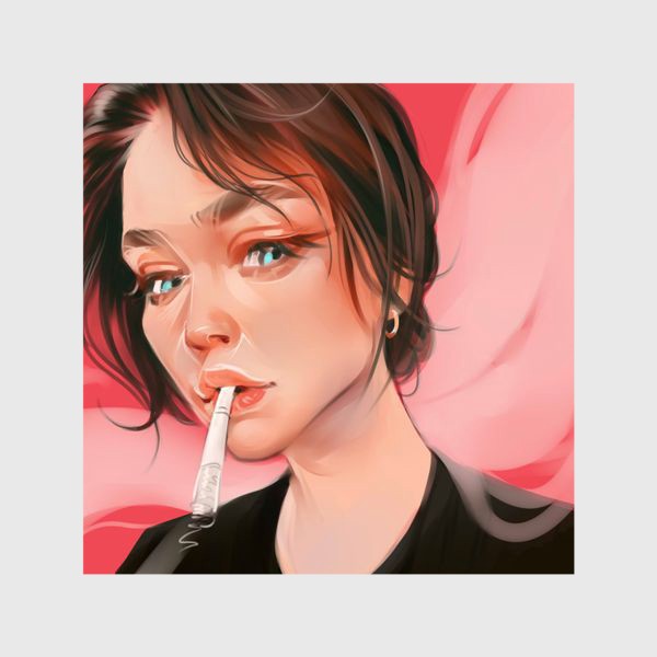 Шторы «дым от сигареты / девушка курит / розовый фон»