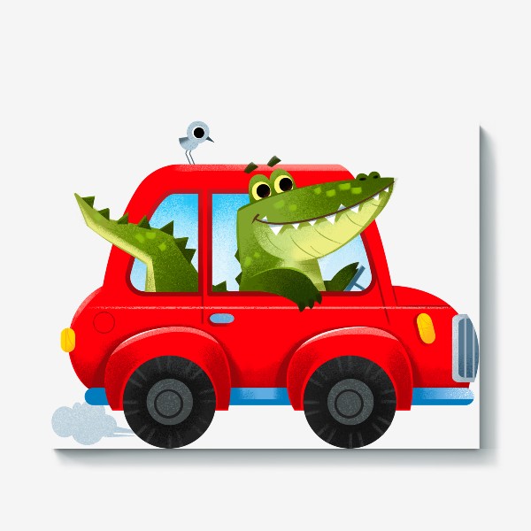 Холст &laquo;Крокодил в красной смешной машине. Детский мультяшный принт&raquo;