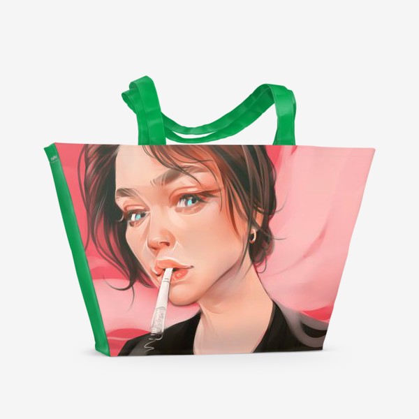 Пляжная сумка «дым от сигареты / девушка курит / розовый фон»