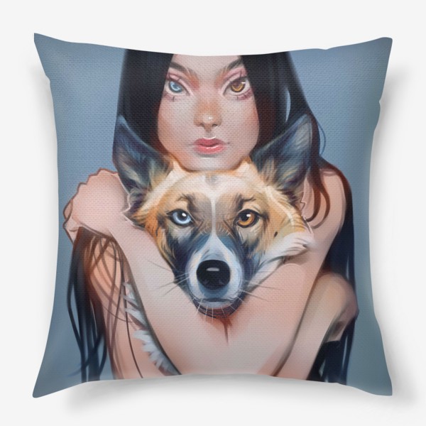 Подушка «Девушка с собакой хаски / разный цвет глаз / иллюстрация /девушка с длинными волосами»