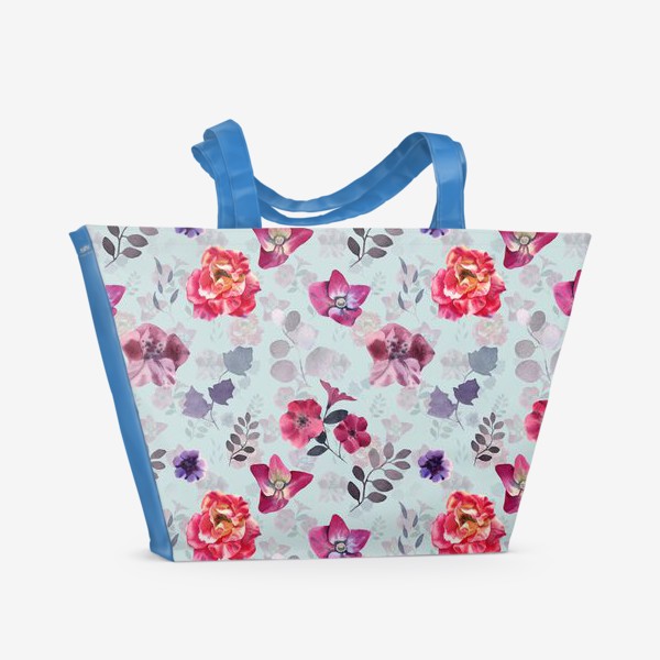 Пляжная сумка «Pink flowers . Turquoise»