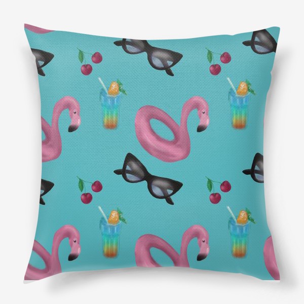 Подушка «Яркий летний паттерн с надувным розовым фламинго»