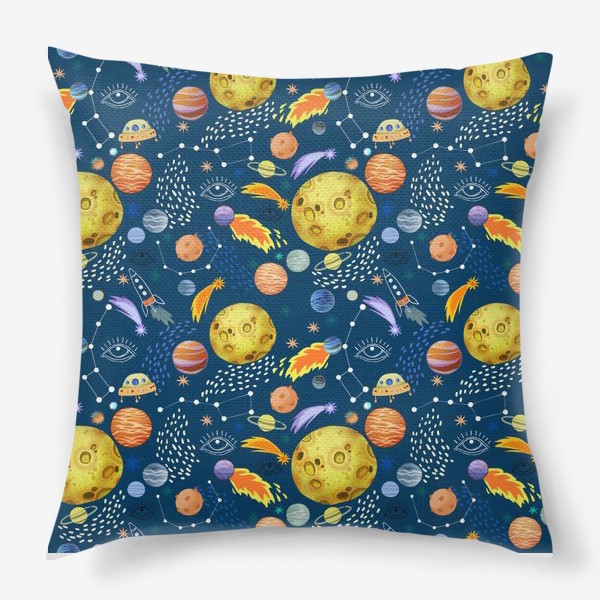 Подушка «Космическая одиссея. Космос, планеты, космические корабли, созвездия, символ глаза»