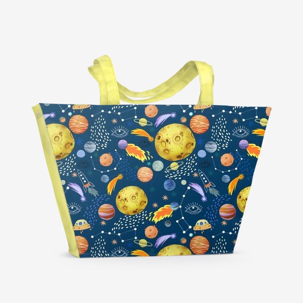 Пляжная сумка &laquo;Космическая одиссея. Космос, планеты, космические корабли, созвездия, символ глаза&raquo;