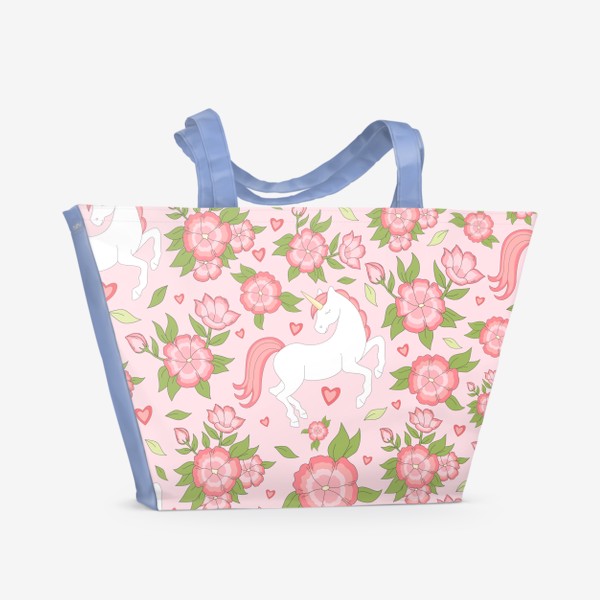 Пляжная сумка «Цветочный узор с единорогами»