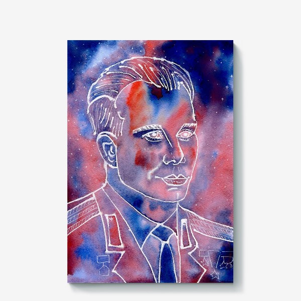 Холст «День космонавтики. Юрий Гагарин. Портрет. Акварель. Космос. »