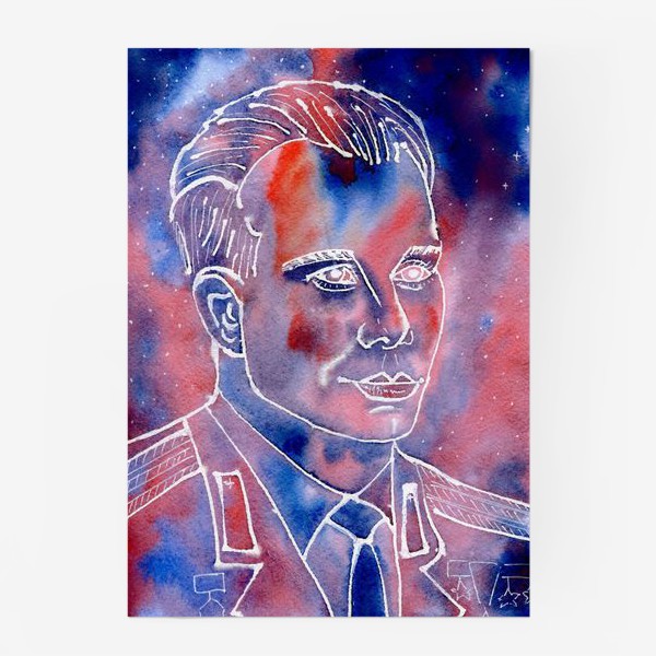 Постер «День космонавтики. Юрий Гагарин. Портрет. Акварель. Космос. »