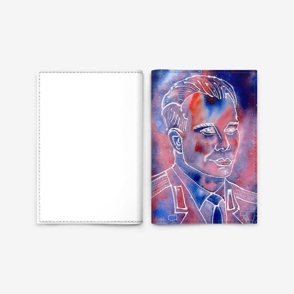 Обложка для паспорта «День космонавтики. Юрий Гагарин. Портрет. Акварель. Космос. »