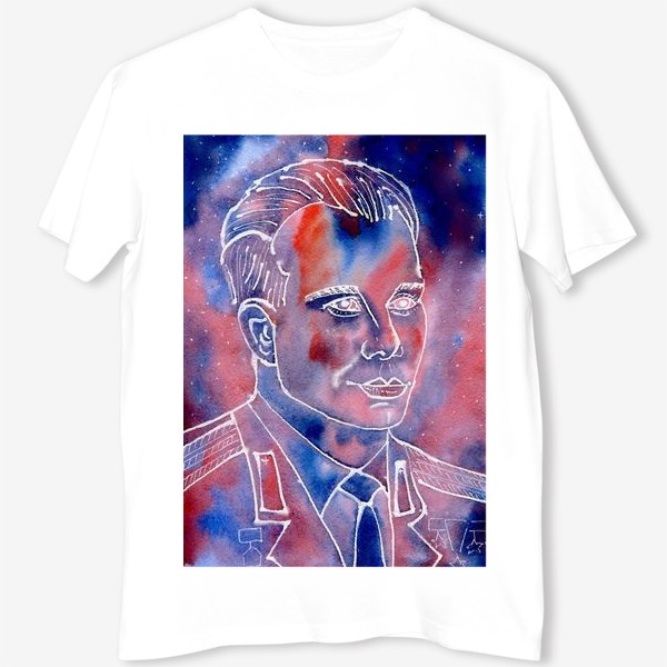 Футболка «День космонавтики. Юрий Гагарин. Портрет. Акварель. Космос. »