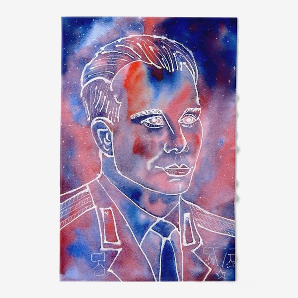 Полотенце «День космонавтики. Юрий Гагарин. Портрет. Акварель. Космос. »
