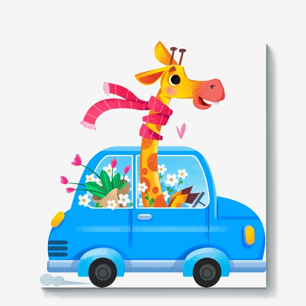 Холст «Жираф в машине. Детский мультяшный принт»