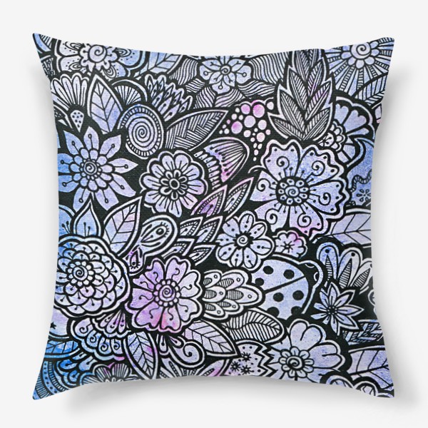 Подушка «Паттерн синий с розовым, цветы в ночном саду»