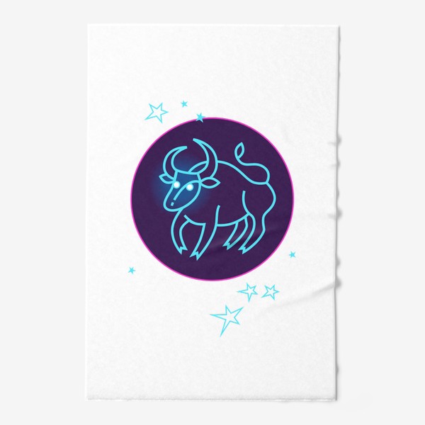 Полотенце &laquo;Знак Зодиака Телец. Светящийся голубой контур быка в круге со звездами.&raquo;