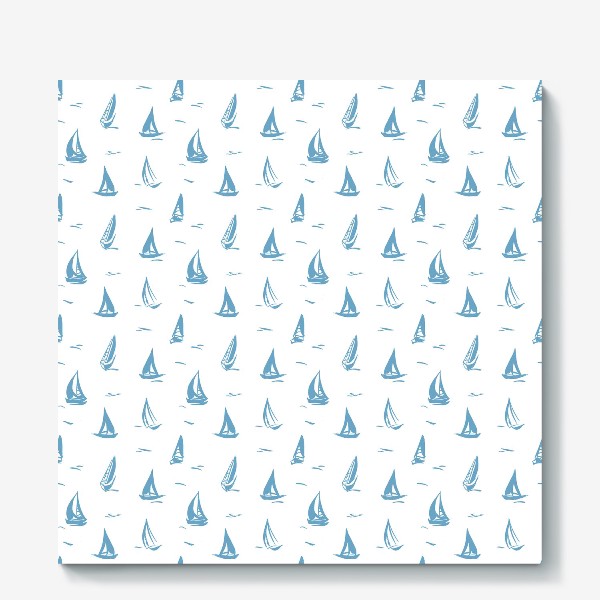 Холст «Летний белый принт с голубыми корабликами парусами. белый фон.»