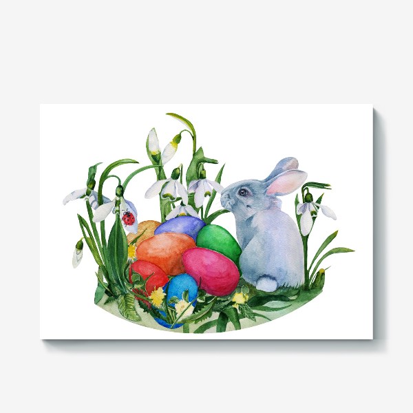 Холст «Акварельный рисунок святая Пасха, пасхальный кролик,  яйцо, праздник»