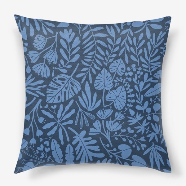 Подушка «Синие тропические джунгли. Листья монстеры, пальмы и цветы.»