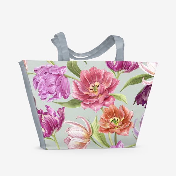 Пляжная сумка &laquo;бесшовный узор с разноцветными акварельными тюльпанами &raquo;