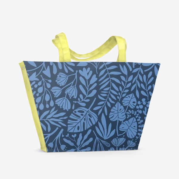 Пляжная сумка «Синие тропические джунгли. Листья монстеры, пальмы и цветы.»