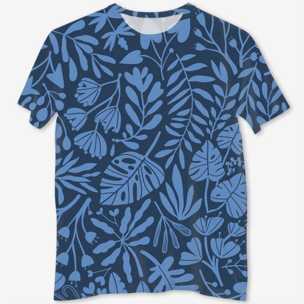 Футболка с полной запечаткой «Синие тропические джунгли. Листья монстеры, пальмы и цветы.»