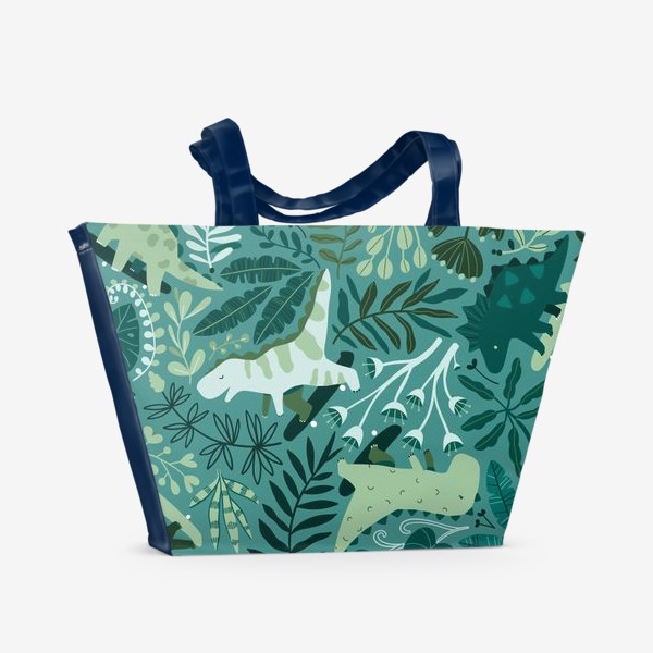 Пляжная сумка «Динозавры на скейтбордах в джунглях. Летний паттрен. Тропические растения, листья монстеры, пальмы.»