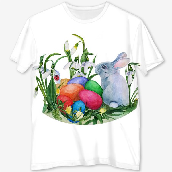 Футболка с полной запечаткой «Акварельный рисунок святая Пасха, пасхальный кролик,  яйцо, праздник»
