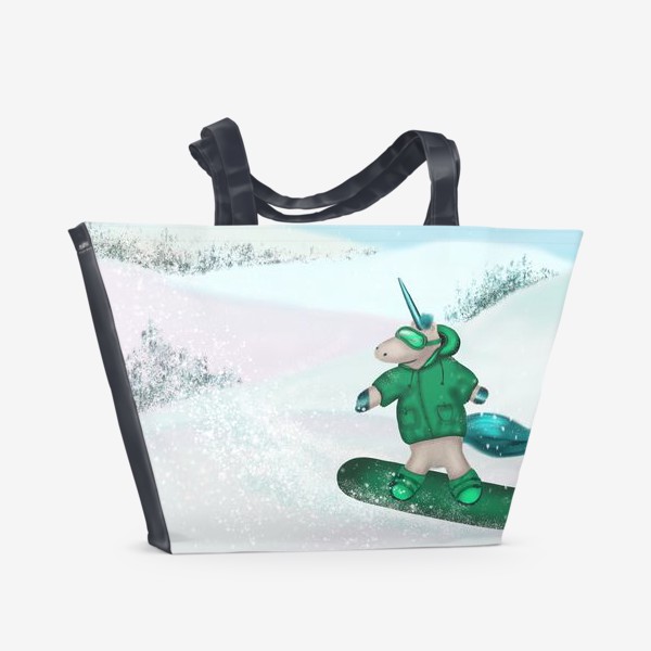 Пляжная сумка «Единорог - экстримал катается на сноуборде в горах»