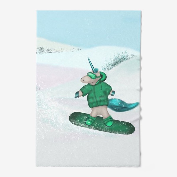 Полотенце «Единорог - экстримал катается на сноуборде в горах»