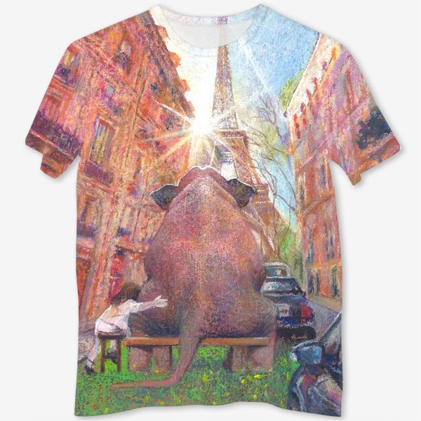 Футболка с полной запечаткой «Париж, эйфелева башня, слон и девочка»