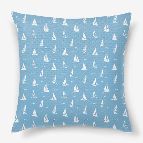 Подушка «Летний голубой принт с белыми корабликами парусами»