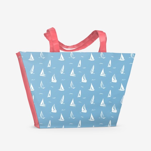 Пляжная сумка «Летний голубой принт с белыми корабликами парусами»
