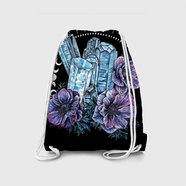 Рюкзак «Аквамарин и анемоны на черном фоне, кристалл и цветы »
