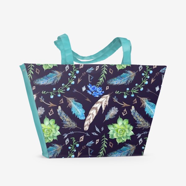 Пляжная сумка «Wild&Free - паттерн в индейском стиле с перышками, стрелками и лесными цветами »