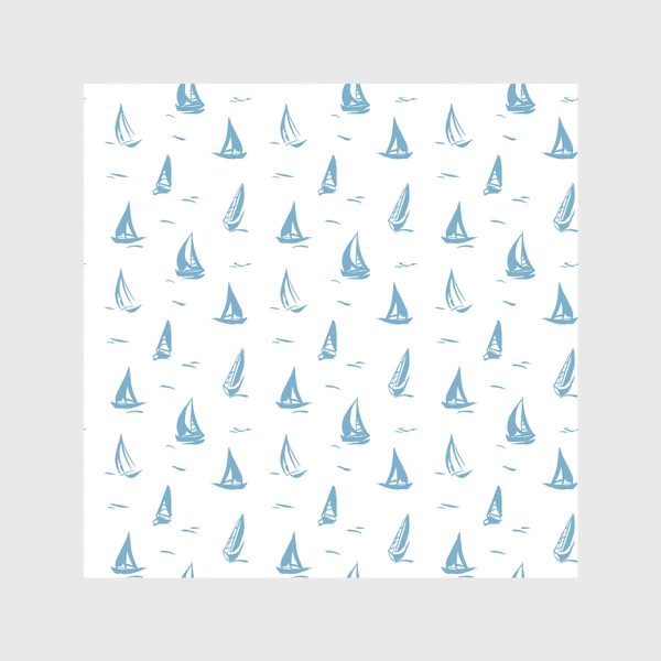 Скатерть «Летний белый принт с голубыми корабликами парусами. белый фон.»