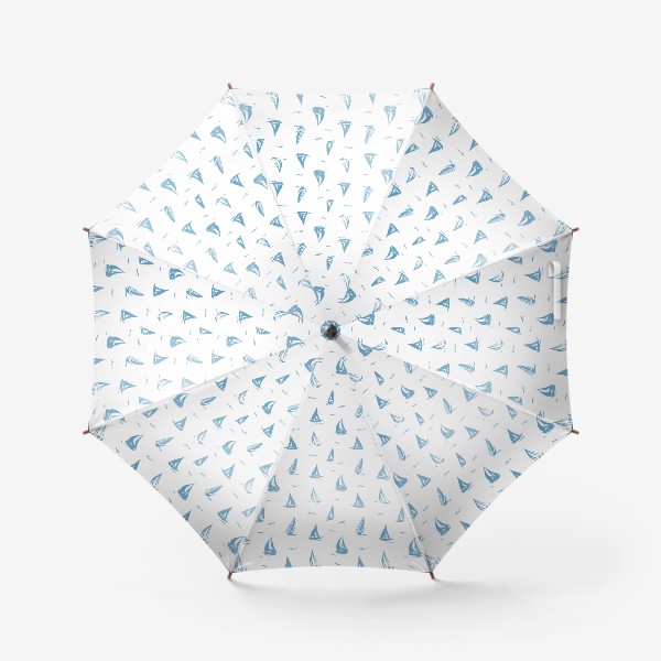 Зонт «Летний белый принт с голубыми корабликами парусами. белый фон.»