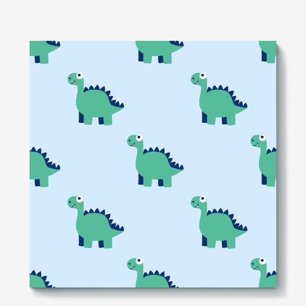 Холст «Забавные зелено-синие динозавры на голубом фоне»