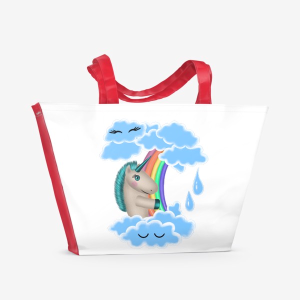 Пляжная сумка «Единорог выглядывает из-за радуги»