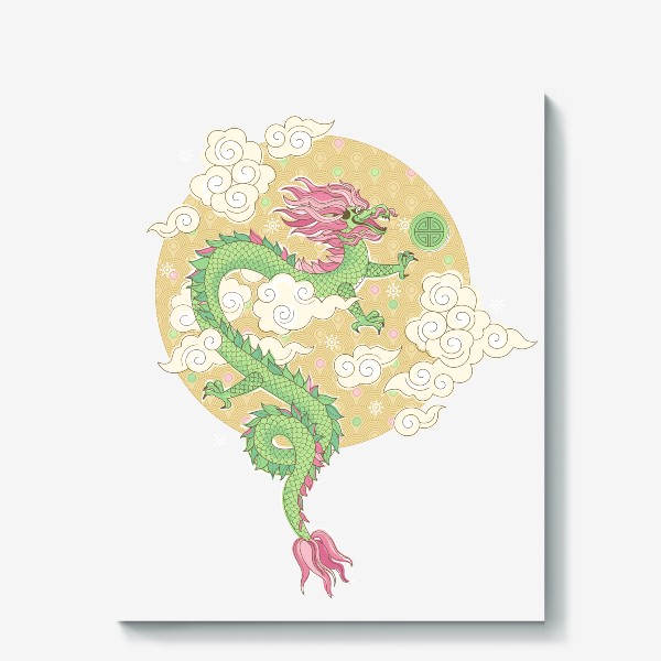 Холст «Китайский дракон среди облаков. Зеленый Дракон»
