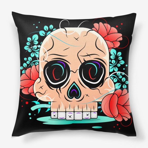 Подушка «Mexican skull with roses red »